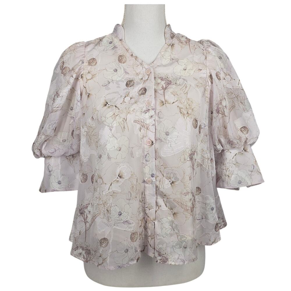 NICE CLAUP FLORAL PUFF‑SLEEVE BLOUSE – LIGHT CREAM MULTI – JAPAN SIZE F (US S/M)